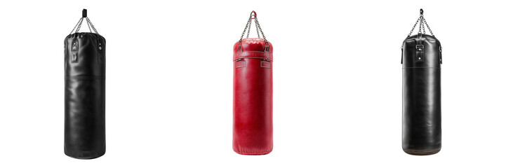 Set of Professional heavy bag for boxing training with metal chain attachment high detail material surface on transparent png background. Ai generated