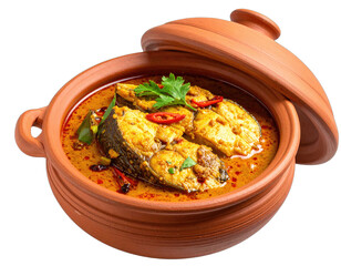 Fish curry in a clay pot with lid slightly ajar, garnished, on black background