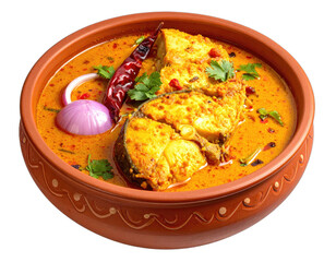 Close-up of a flavorful, creamy fish curry in an earthenware bowl, garnished and vibrant