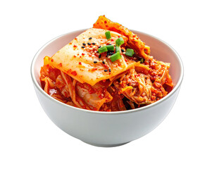 A close-up shot of a bowl filled with kimchi, garnished with green onions and sesame seeds