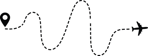 Air travel path illustration, flight route graphic, airplane silhouette with location pin, transportation concept design, flat vector illustration © Creative _design