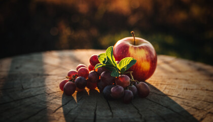 pomme et raisins sur bois au soleil, nature morte automnale