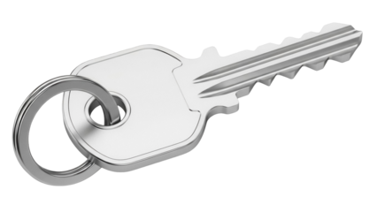 Silver metal key isolated PNG on transparent background, security and access concept for graphic design and web projects