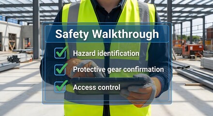 Construction site safety inspection with digital checklist overlay, worker compliance and hazard prevention concept.