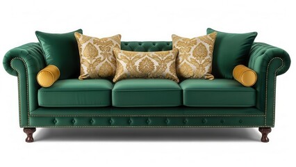 Luxurious green sofa with gold accents and pillows