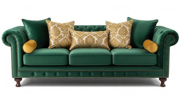 Luxurious green sofa with gold accents and pillows