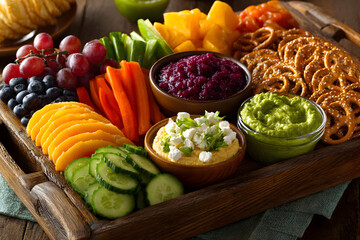 Overhead view of a party tray of healthy and fun snacks and sauces for a fun tail gate party time with family and friends for football season.