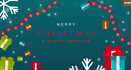 Merry Christmas holiday vector illustration featuring a festive red gift box with a ribbon bow under a decorated tree with a star and winter snow for a New Year greeting card design © JAGU