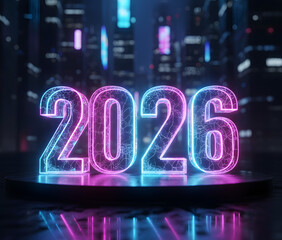 Futuristic 2026 Neon Light Typography with Cyberpunk City Background