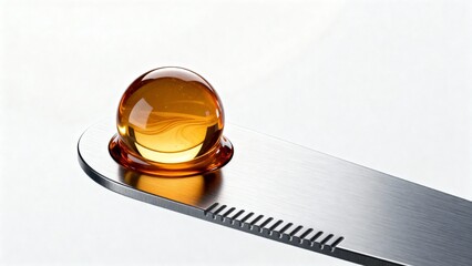Glossy amber serum dome resting on a sleek stainless steel spatula against a bright background. Minimal macro shot symbolizing cosmetic testing, dosage precision and professional skincare care.

