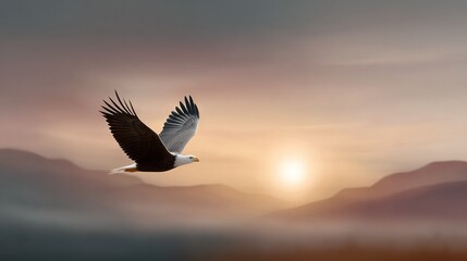 Fototapeta premium A bird soaring in the sky against a backdrop of distant mountains as the sun sets below the horizon