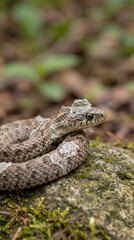 Obraz premium Snake rests on mossy rock. Close snake shows shed skin in forest, snake renewal symbol for earthday, worldwildlifeday campaigns, macro wildlife concept, natural habitat background scene