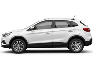 Fototapeta premium White car with black trim and silver rims on white background