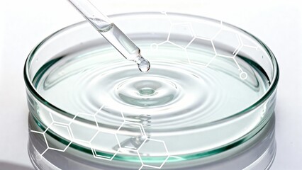 Glass pipette with clear serum dropping into a petri dish, creating soft ripples and overlayed molecular structure. Concept image for skincare science, dermatology and cosmetic formulation.