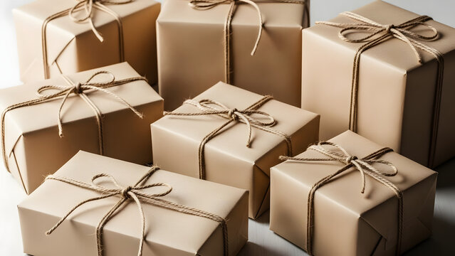 Stack of brown paper wrapped gift boxes tied with twine