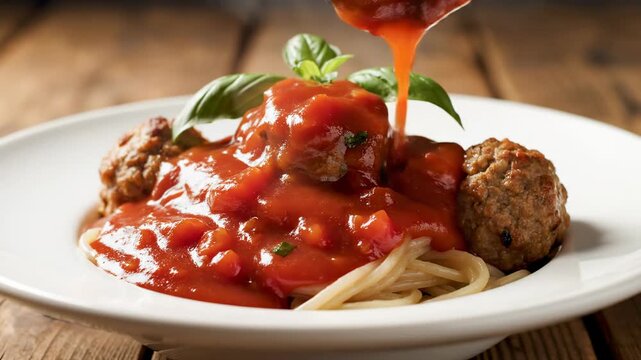 Slow motion shot of thick red tomato sauce generously drizzling down onto a heaping serving of spaghetti and savory meatballs heaping, liquid, homemade