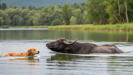 buffalo and a dog in water