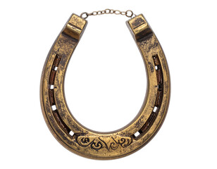 A close-up view shows a vintage, golden-hued horseshoe with a chain