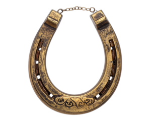 A close-up view shows a vintage, golden-hued horseshoe with a chain