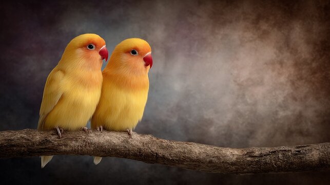   Two yellow parakeets are perched on a branch, their beaks pointing in opposite directions