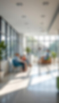 Vertical blurred background of a medical center hallway. Modern interior with Gaussian blur, daylight, and light effect. Clean hospital design with blurry bokeh for mobile. High-quality illustration