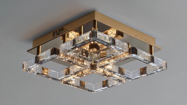 Decorative light fixture hangs from ceiling in a room, showing a modern design with clear crystals and gold accents, illuminating the space with bright light during the day