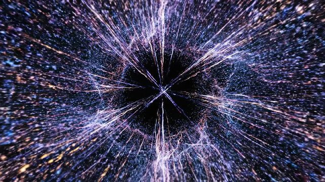 Slow motion shot of thousands of luminous fast-moving particles aggregating and swiftly breaking apart representing rapid digital information overload and shift in opinions social, flow, opinions