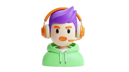 3D Cartoon Gamer with Headset and Mic on White