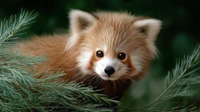   Close-up of a pine tree with a small animal in its face and a blurry background