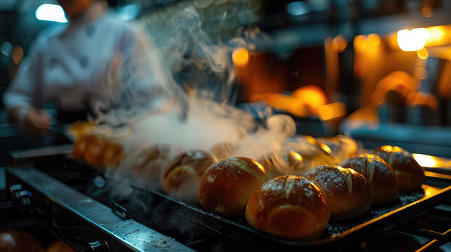Freshly Baked Golden Dinner Rolls in Industrial Kitchen