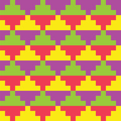 Stepped diamond pattern created from yellow, red, purple and green squares