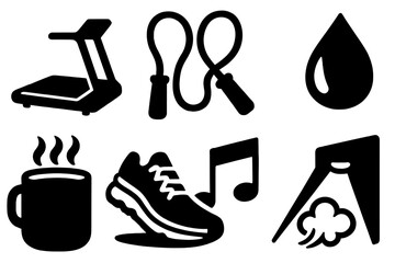 Obraz premium Chilly Cardio Icons. Chilly Cardio Sessions silhouette set: treadmill silhouette, jump rope, sweat droplet, athletic shoe, music note, warm drink mug, cloud puff, gentle spotlight