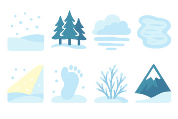 Snowy Horizon Icons. Canadian Snowy Horizons modern flat vector icons: snowy meadow, pine cluster, cloud haze, frozen estuary, soft beam of light, snow footprint, frosted shrub,