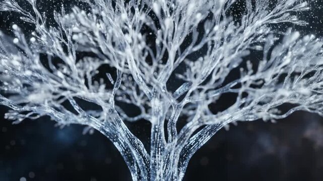Slow motion shot of tiny white data particles flowing upwards through translucent technological branches creating an abstract tree of life visualization clean design, future, biological