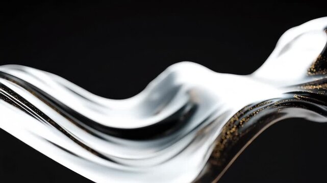 A close-up of silver liquid flowing smoothly over a textured black surface, creating a striking contrast.