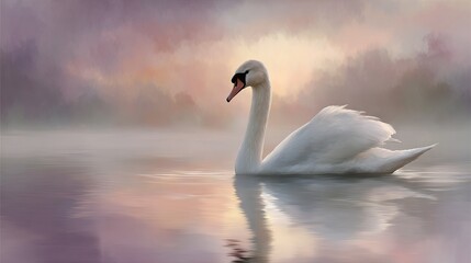 Fototapeta premium A lone white swan gracefully glides atop the placid lake as a nearby wooded landscape drapes itself in dense, mystifying fog