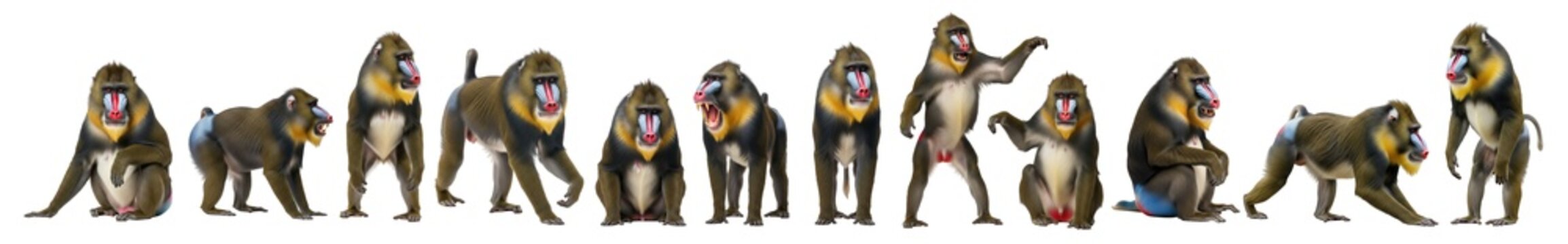 Array of mandrill primates captured in dynamic stances on transparent background