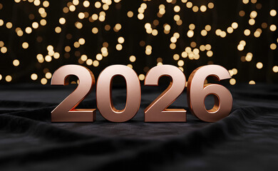 Bold 3D Rose Gold 2026 New Year Numbers with Festive Bokeh Lights Background