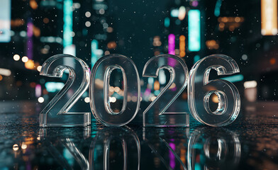 Transparent Glass Style 2026 New Year Celebration Background with City Lights