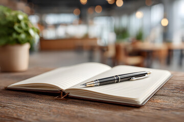 Fototapeta premium Open notebook with pen thoughtfully arranged on blank pages representing therapeutic journaling and counseling session documentation, perfect for mental health reflection and personal growth concept.M