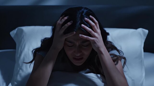 Young woman suffering from nightmare insomnia panic attack night sweat