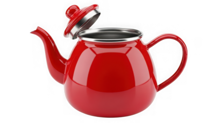 Red shiny teapot with lid on transparent background isolated