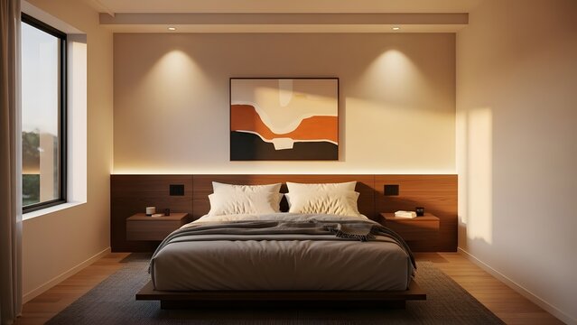 Modern bedroom with a minimalist aesthetic and abstract art