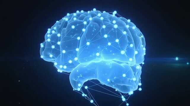 Abstract digital visualization of a human brain with glowing neural connections on a dark background