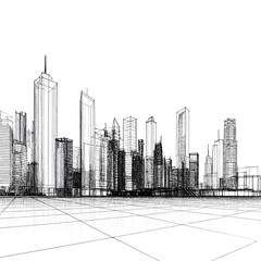 Obraz premium A vibrant drawing of a city skyline at sunset, featuring tall skyscrapers, glowing windows, and a colorful sky with hues of orange, pink, and purple.