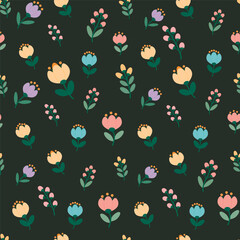 Seamless floral pattern on a dark background with flowers of different colors and sizes