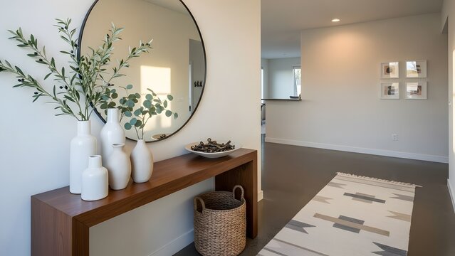 Modern entryway with console table mirror and decorative vases