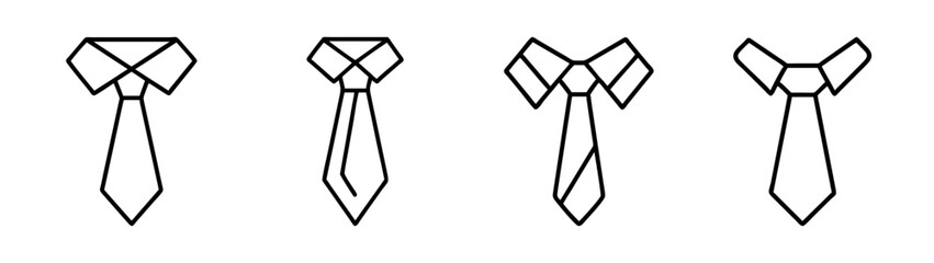 Four different necktie knots, simple black outline icons set