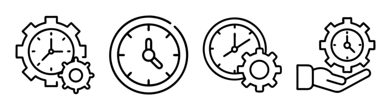 Time management, efficiency, process, and settings line icon set