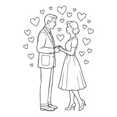 Obraz premium Romantic Couple with Floating Hearts Coloring Page